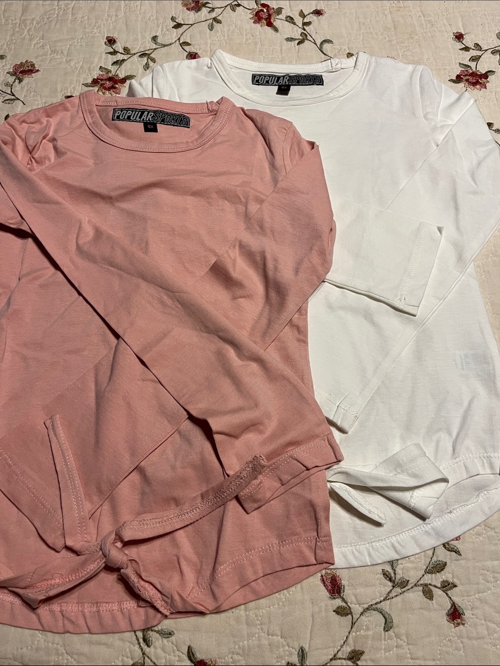 Girls' Long Sleeve Tie-Front Tee - Dusty Pink & White